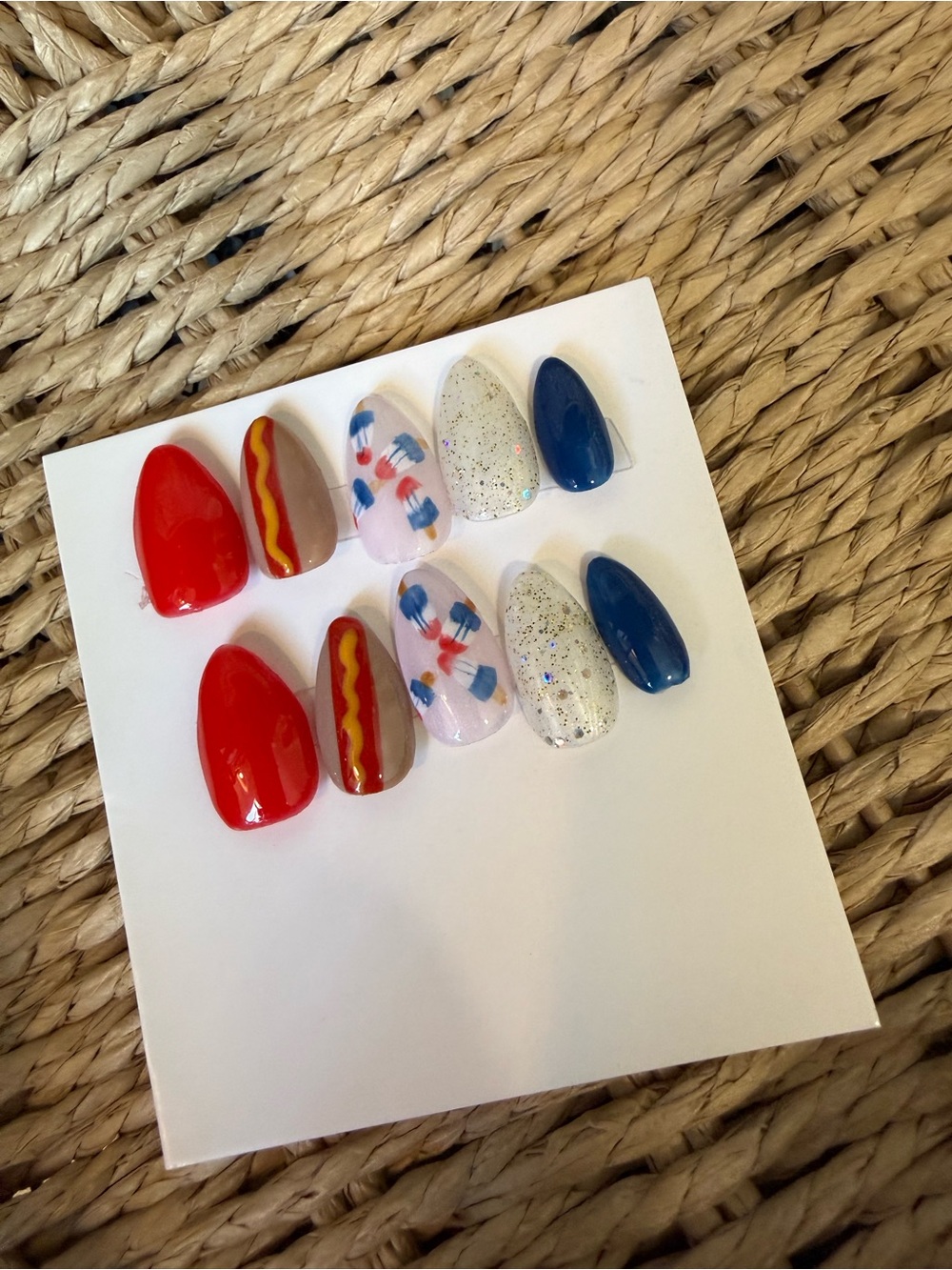 Handmade Press-On Nail Set - Red, Blue, Cream & Beige